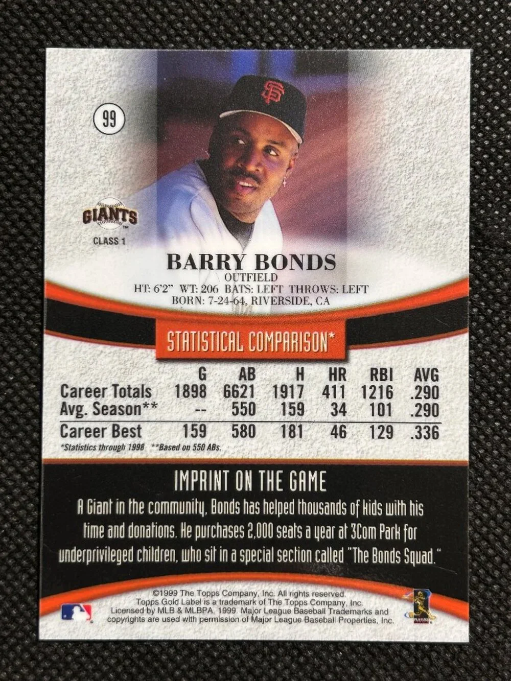 Topps 1999 Gold Label Class 1 Barry Bonds San Francisco Giants #99 - Picture 2 of 2